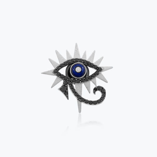 14K Altın Horus Eye Broş, vicdanın gözü sembolü, 1.02k siyah pırlanta ve 0.03k pırlanta (G+) detaylı.